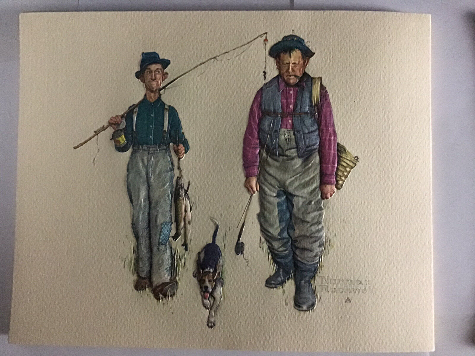 Vintage NORMAN ROCKWELL 3D Raised Paper 10x8 Signed Prints Fishing Day w/ Dog