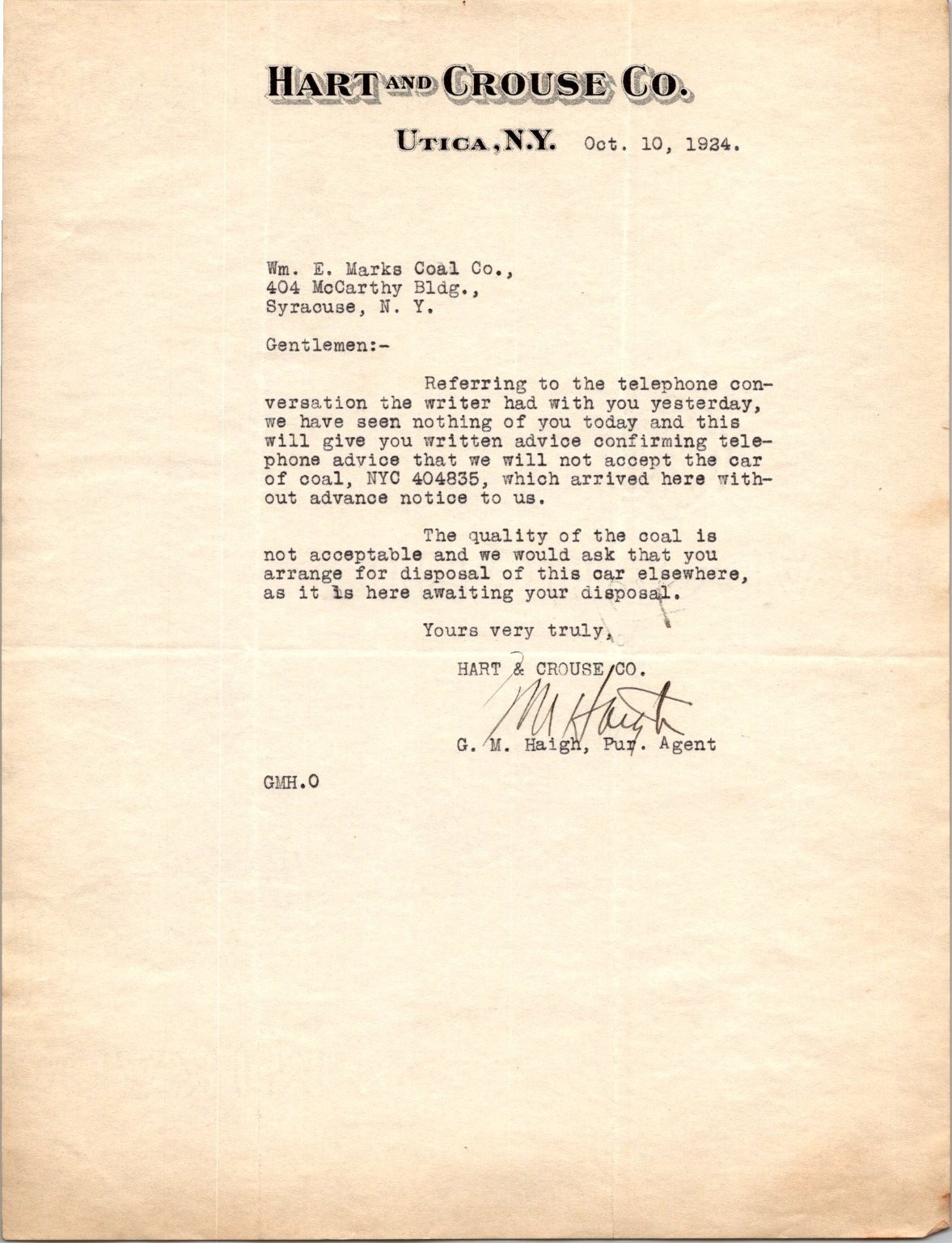 1924 Hart & Crouse Co. Letter Utica NY Coal Industry Ephemera 1924 Hart & Crouse Co. Letter Utica NY Coal Industry Ephemera