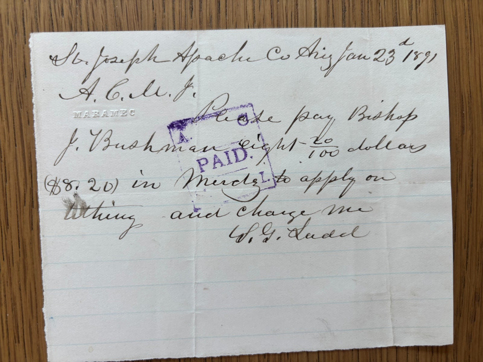 1891 MORMON BROOKLYN SAINTS passenger signed receipt SAMUEL LADD /BISHOP BUSHMAN