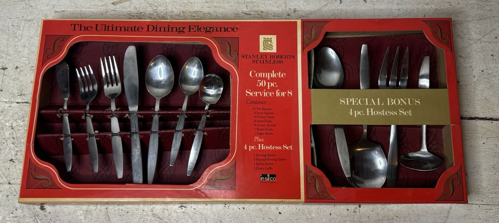 54pc Vintage MCM NOS Stanley Roberts Stainless Flatware Set Box Service For 8