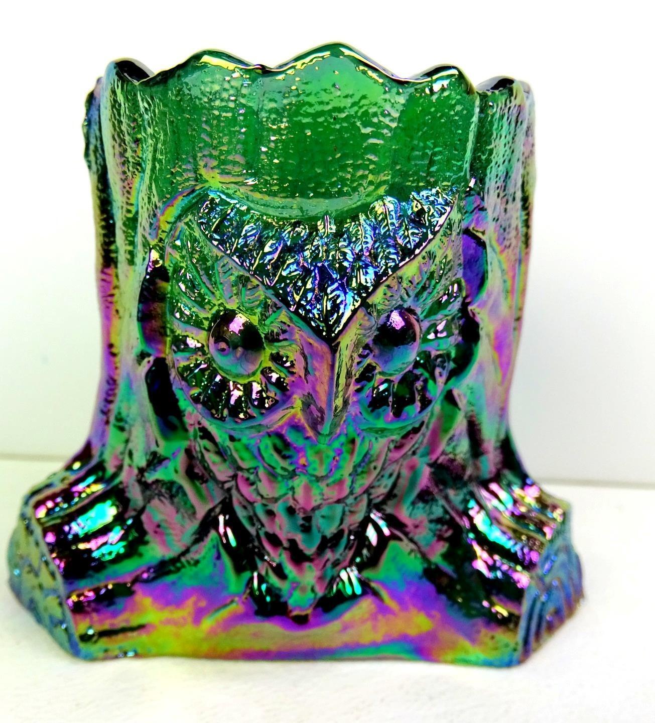 Summit Glass Signed Green Iridescent Carnival Glass Owl \'N\' Stump Toothpick 1982