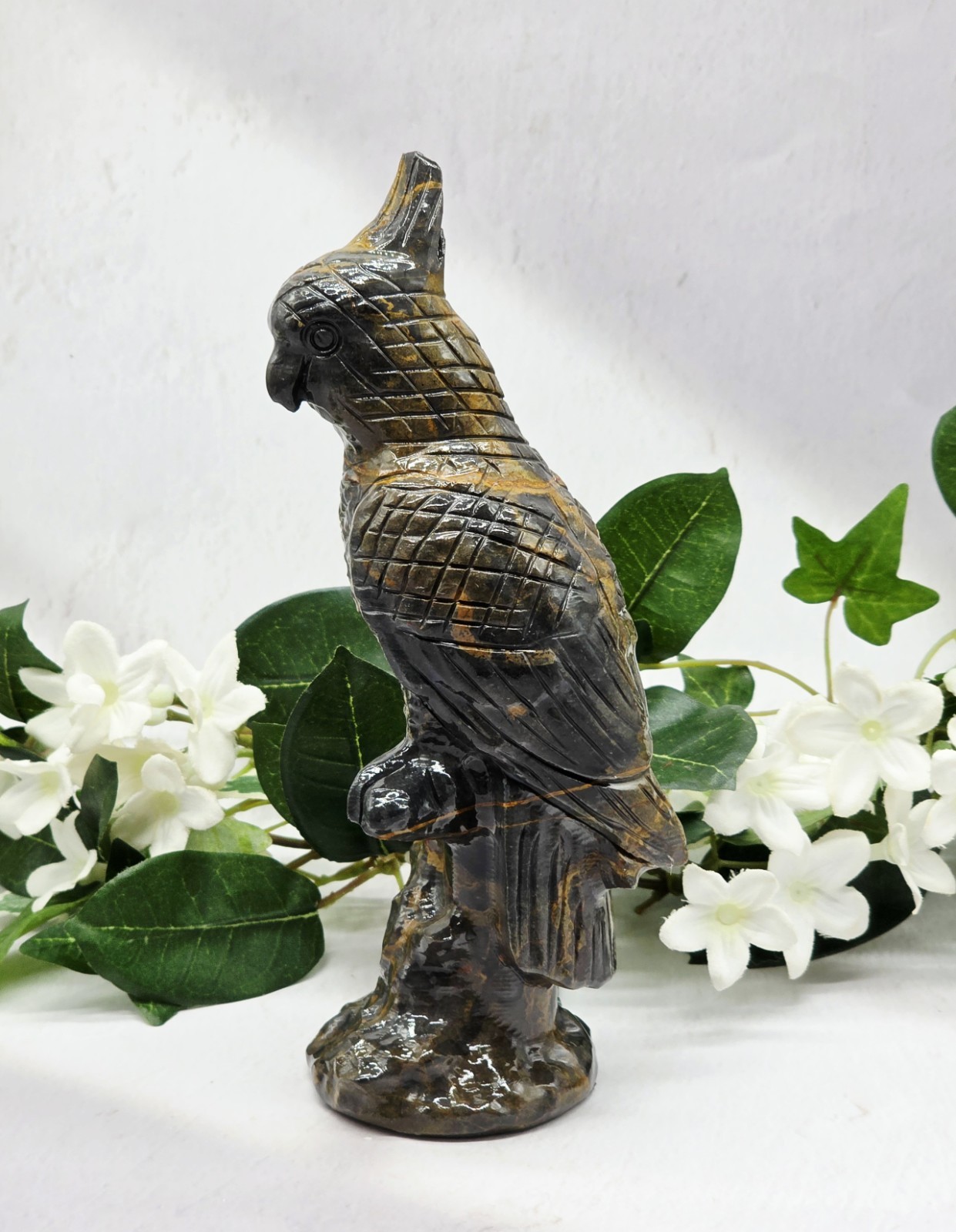 Large Mountain Jasper Parrot Carving, 7.5” Hand Carved Cockatoo Bird Sculpture