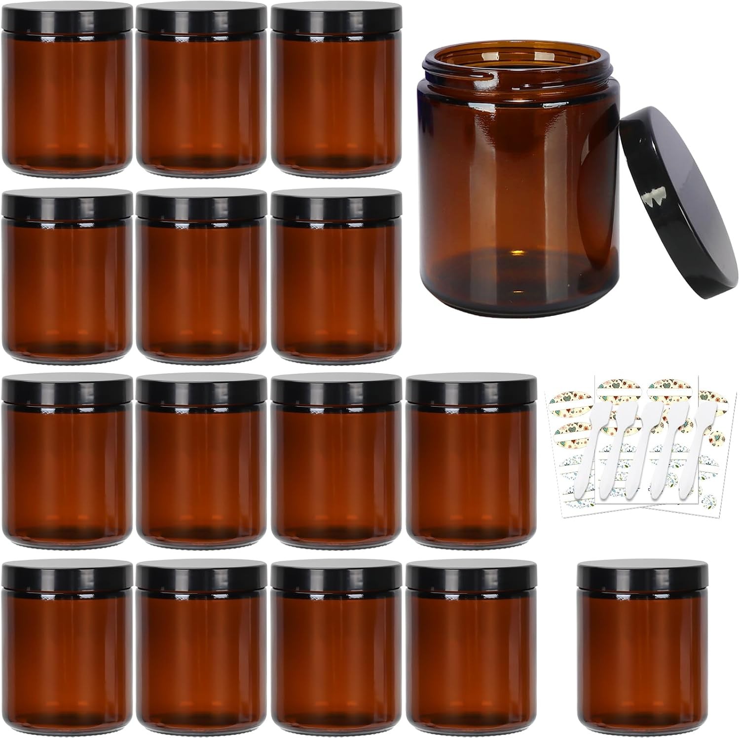 8oz Amber Glass Jars with Lids, 15 Pack