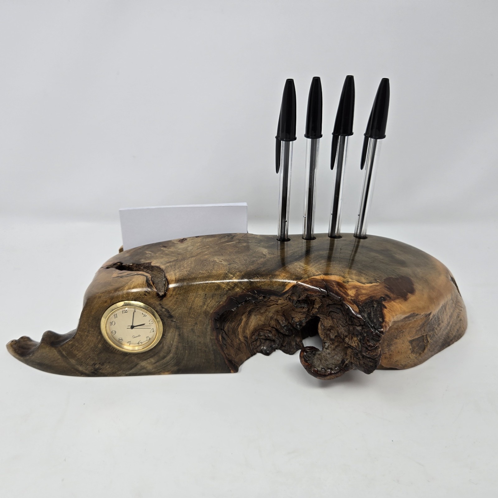 Vintage Richard Rothbard Signed Burl Wood Desk Organizer Clock Pen Letter Holder