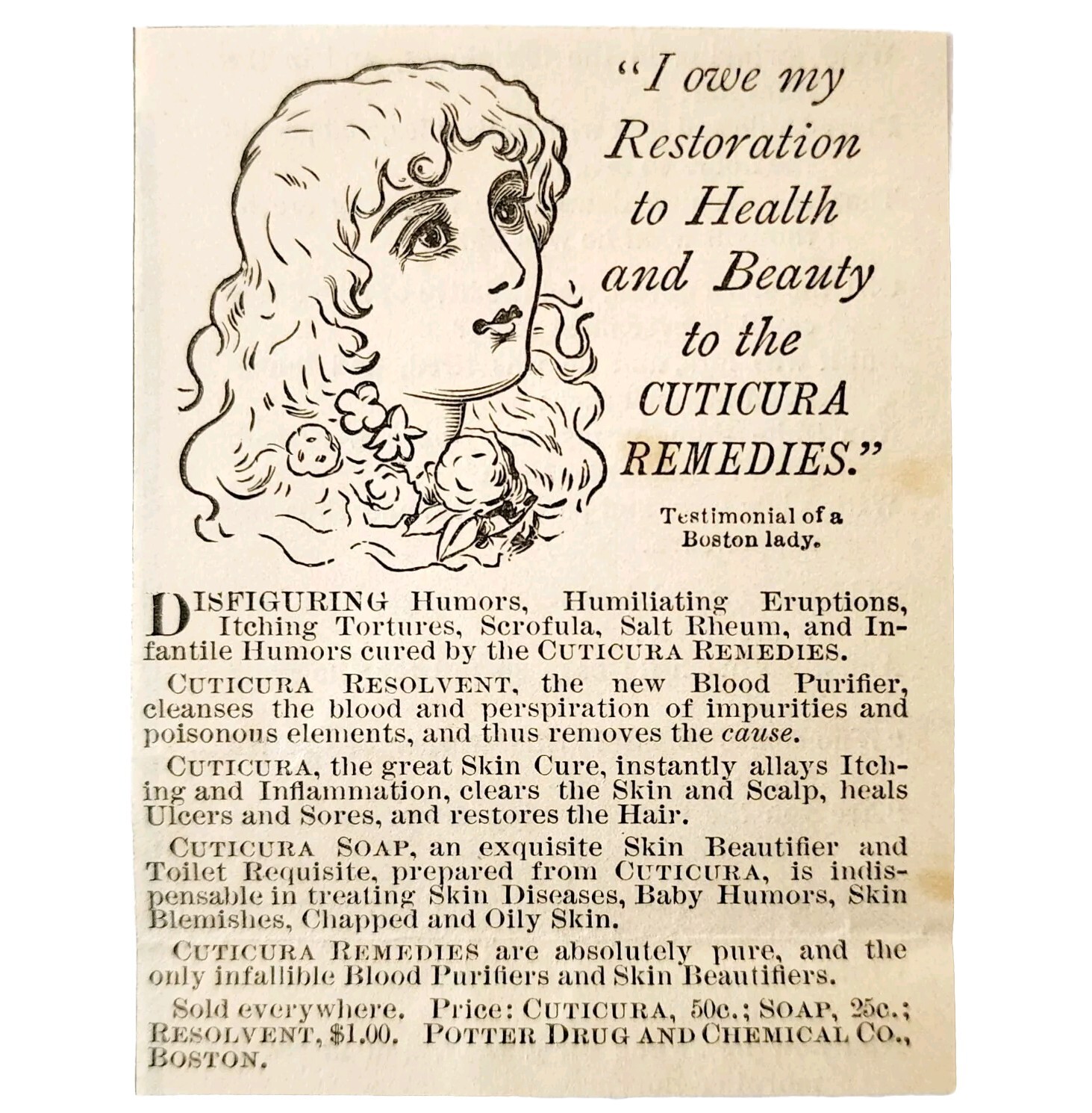 Cuticura Medical Soap Cure 1885 Advertisement Victorian Quack Medicine ADBN1A14