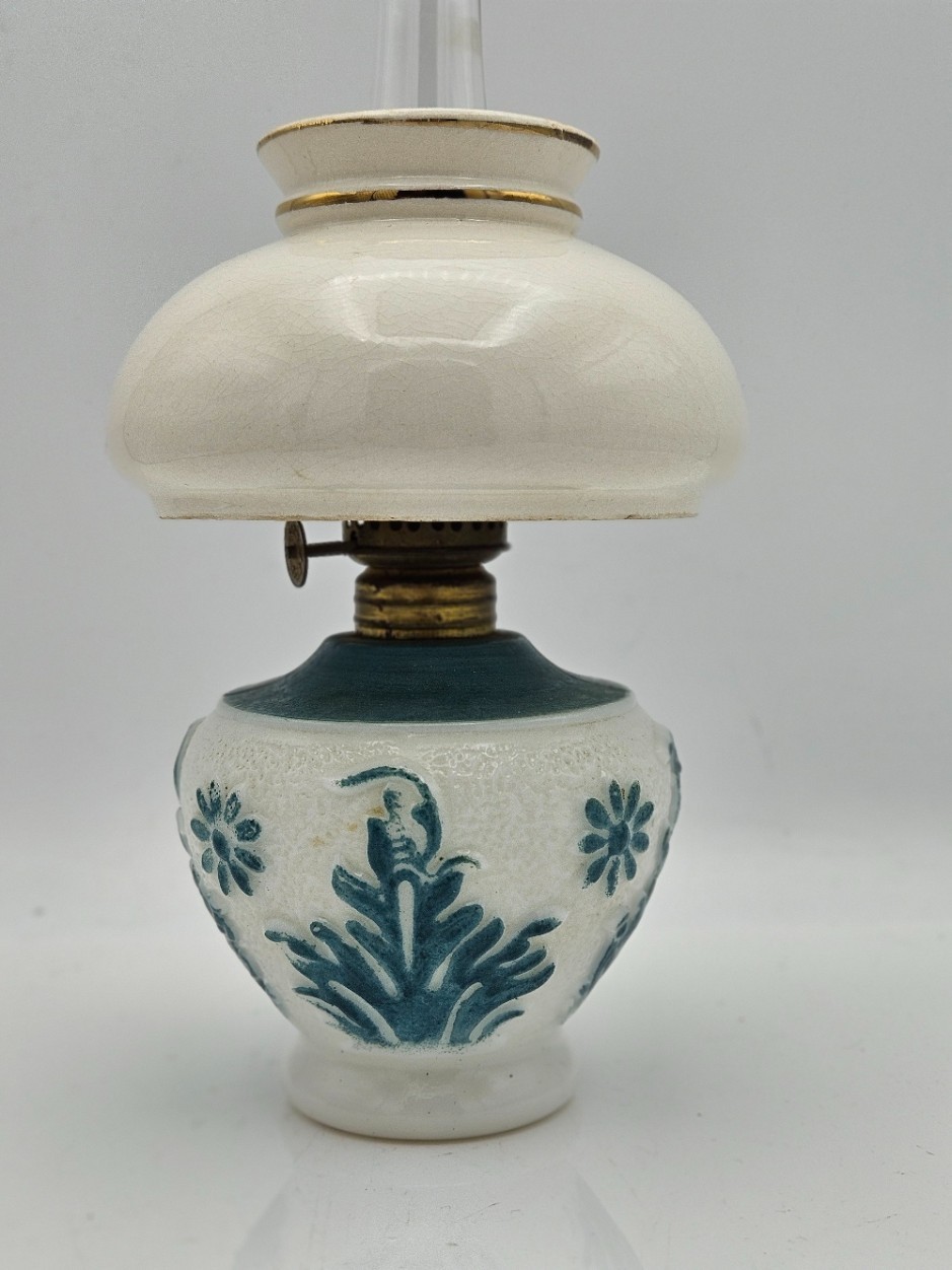 Antique Victorian Milk Glass Oil Lamp Embossed Teal Floral Matching Shade 8.5\
