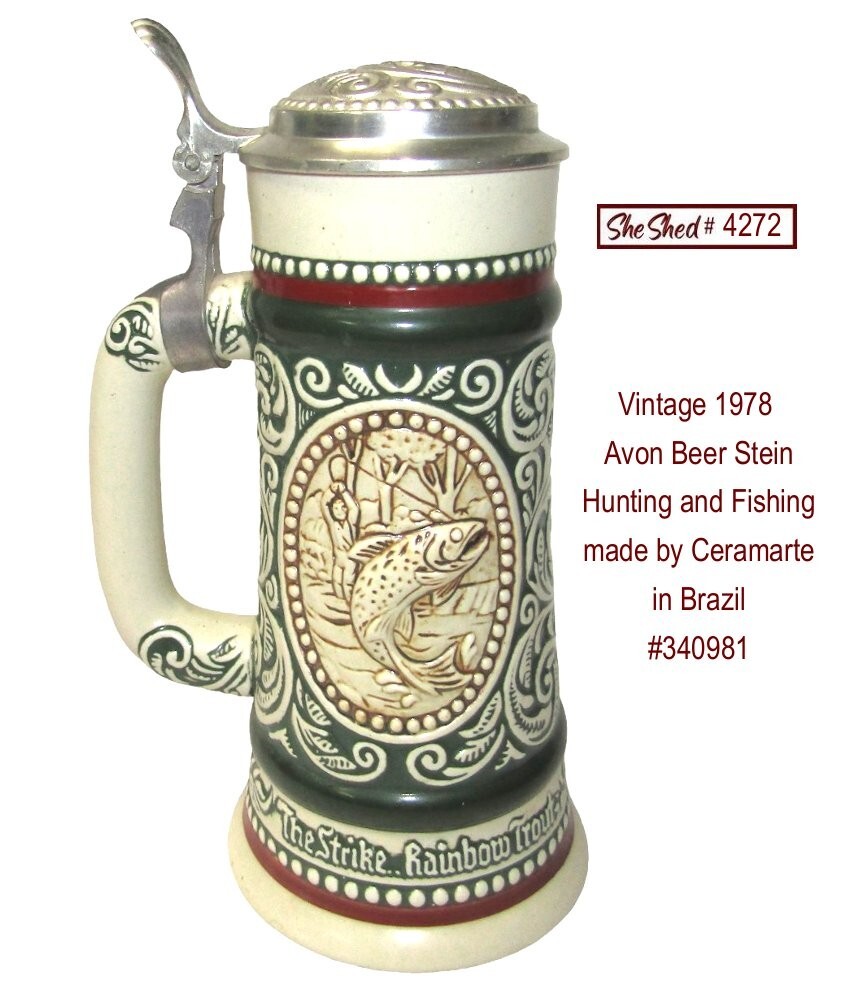 Avon Vintage 1978 Beer Stein Hunting Fishing Ceramarte Brazil 9.5 Inch Mug VGC