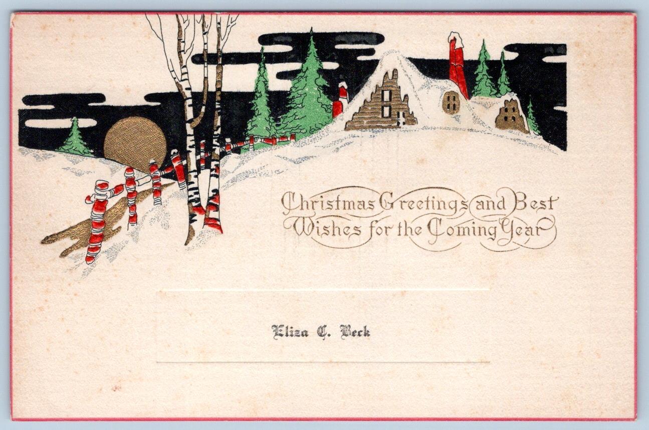 1920-30\'s ONE SIDED CHRISTMAS CARD SNOW COVERED COTTAGE PERSONALIZED ELIZA BECK