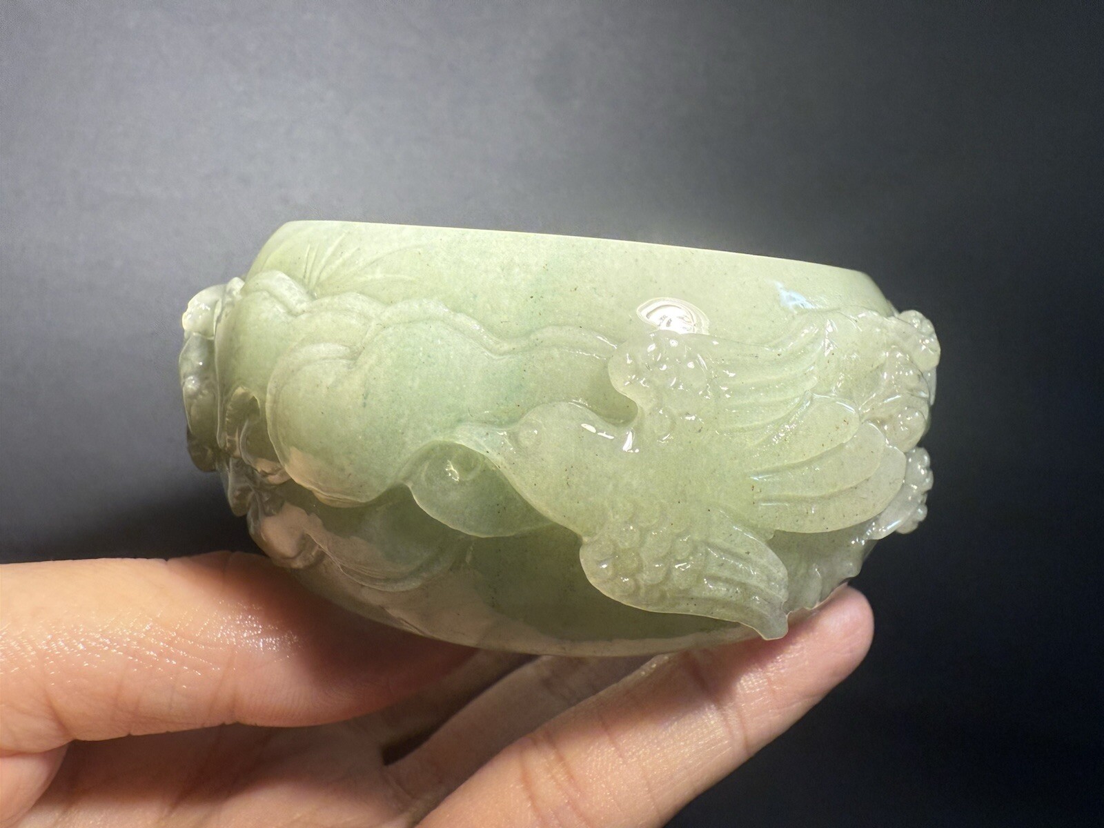 60.9mm Clear Green Natural Mongolian Jade Sculpture / She TeiCui/ Hand Carve