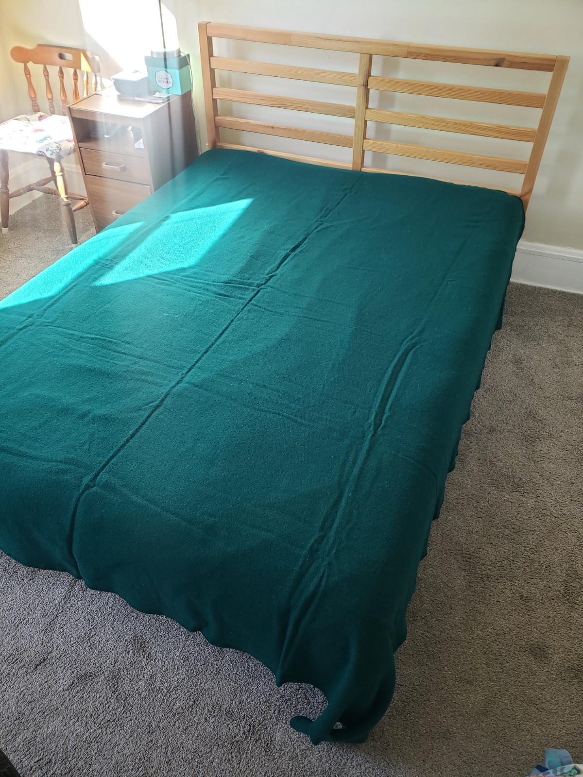 Vintage Faribo 100% Wool Blanket 84x80” Solid Green Faribault Minnesota