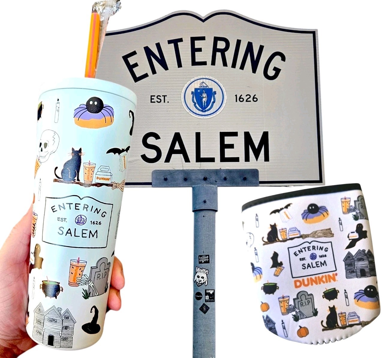 Salem MA Runs On Dunkin' Donuts x White Tumbler Cup & Entering Salem Sleeve SET