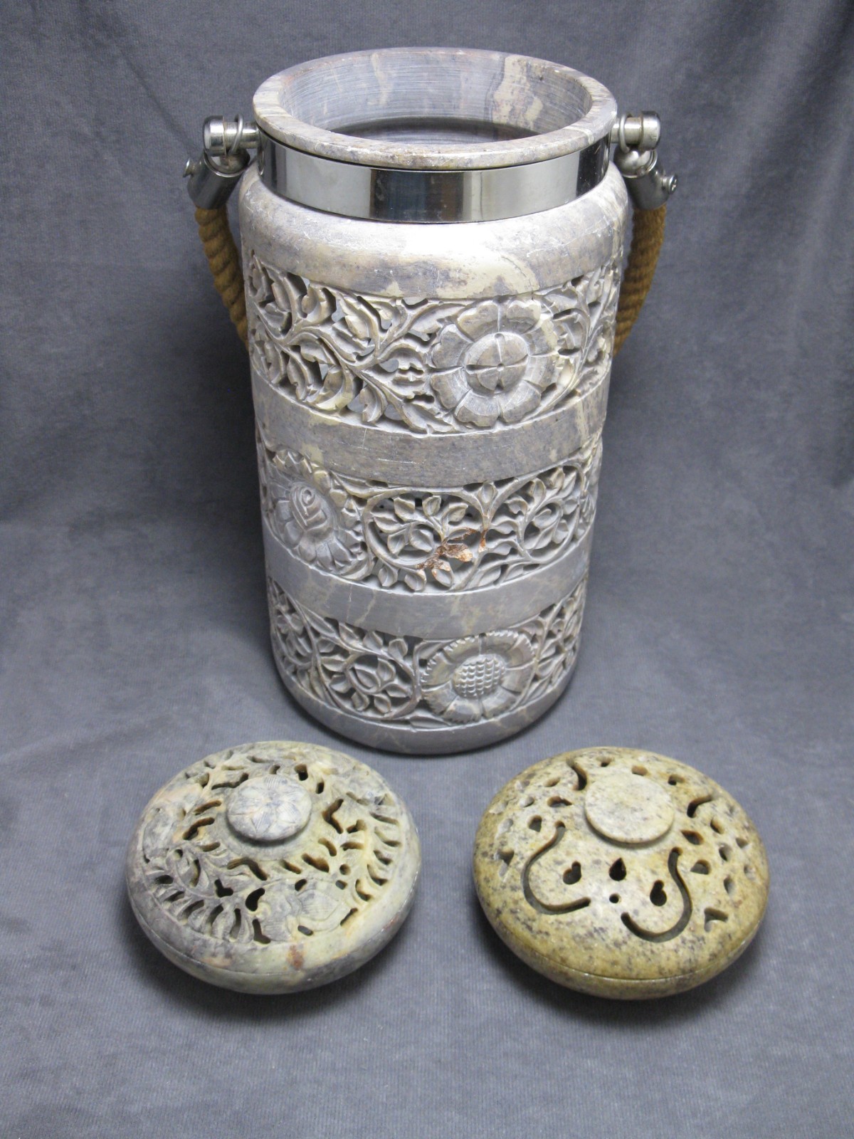 X-Large Hand Carved Soapstone Candle Holder & Incense Burners - Floral Details