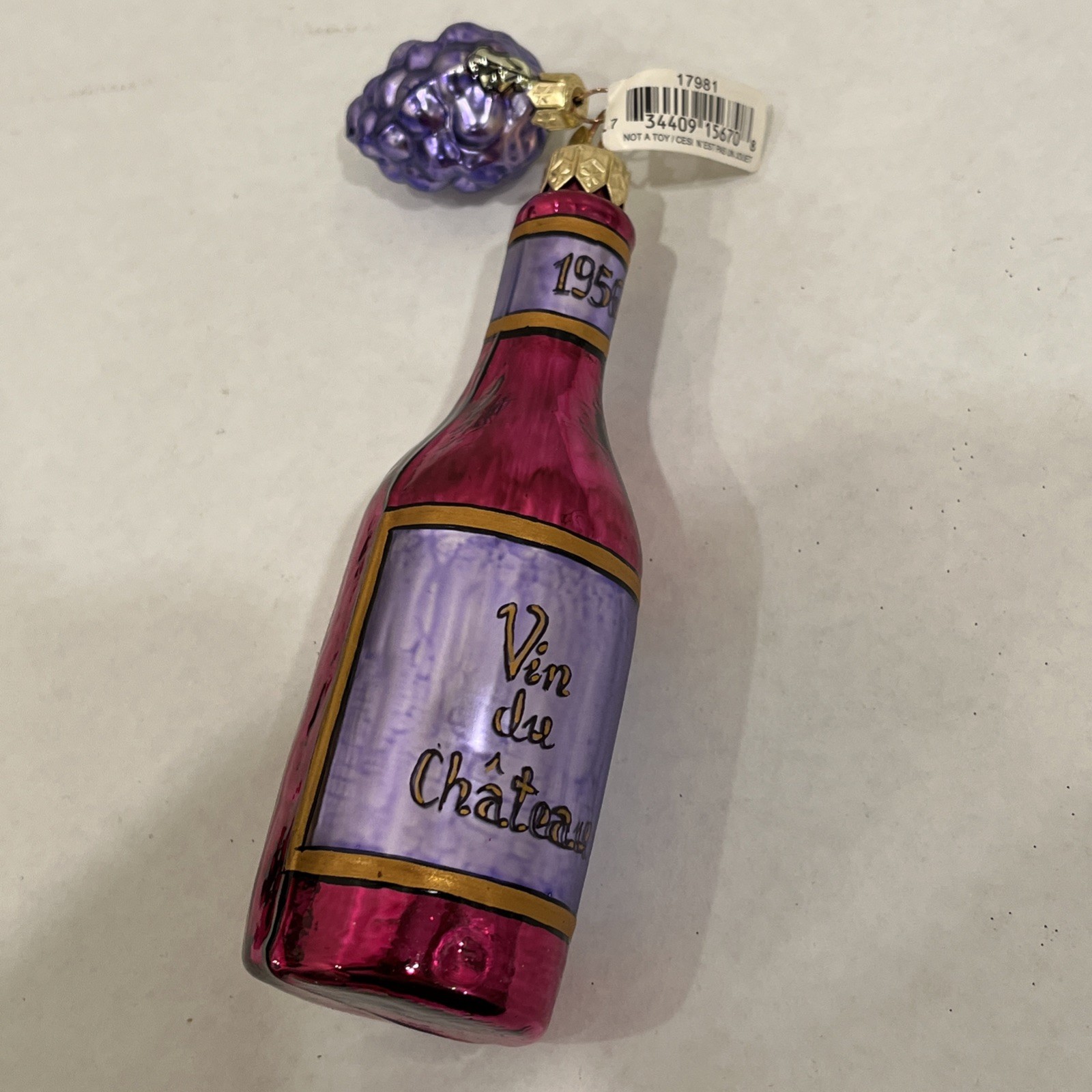 RARE 6” Dept 56 MERCURY GLASS Wine  Bottle Vin Du Chateau Grapes 1956 ORNAMENT