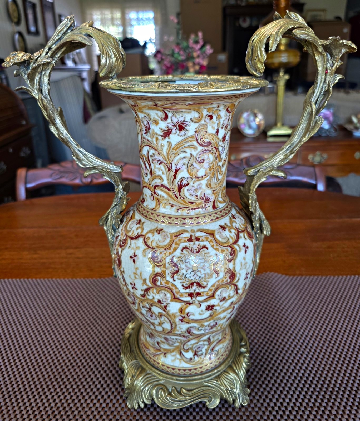 Amita Ormolu Rococo Mounted Crackled Ceramic Vase w/Ornate Antique Brass Handles