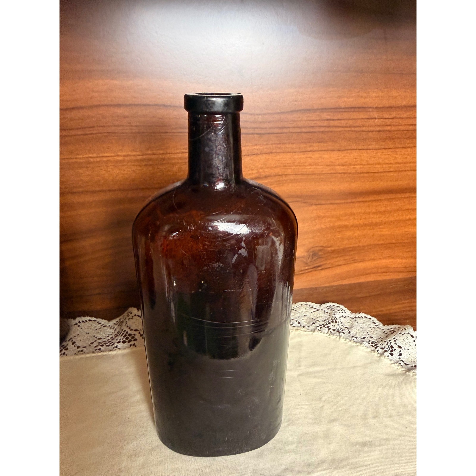 Antique Dark Amber Glass Flask Bottle Applied Lip Whiskey Apothecary 8.75\
