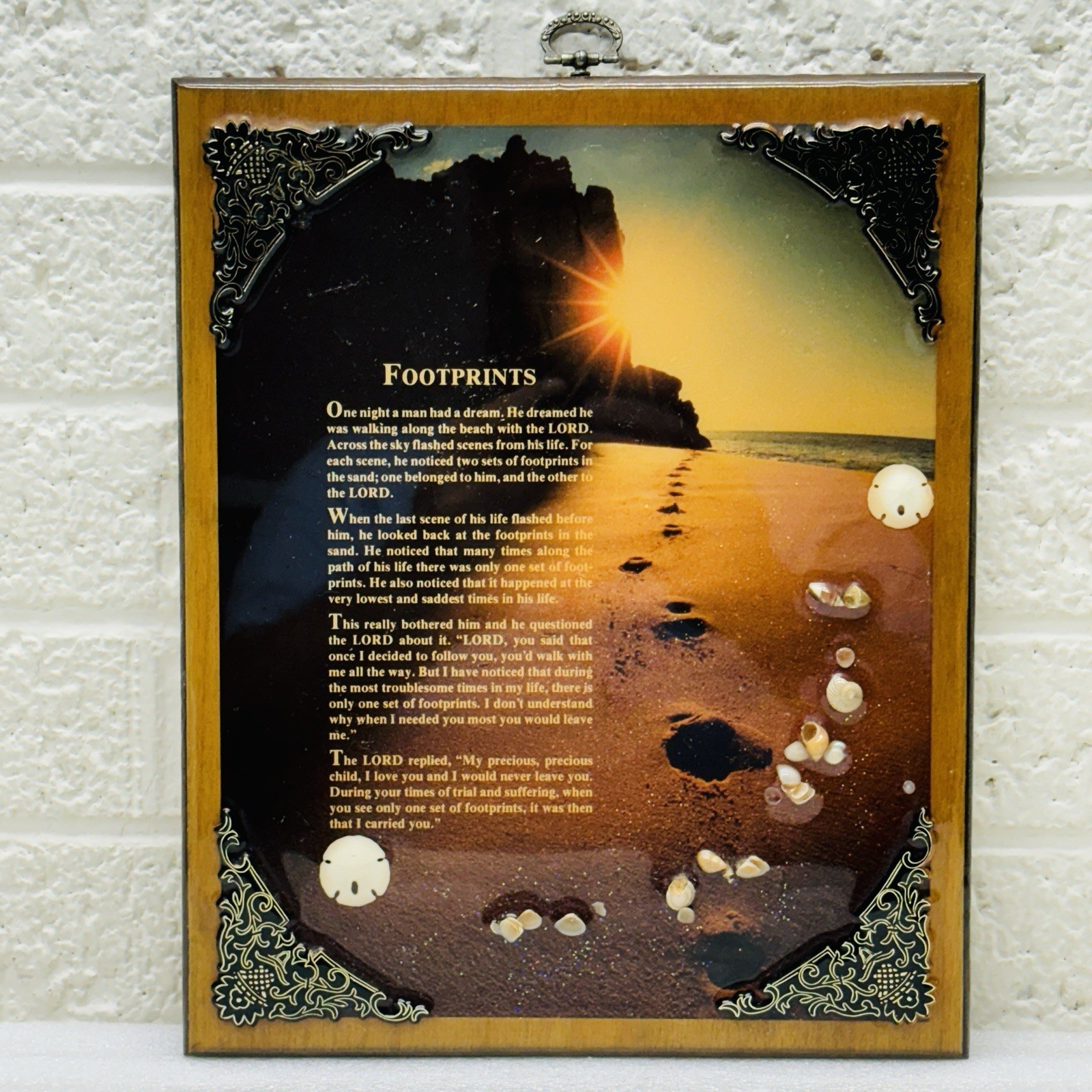 VTG‼ Footprints in the Sand Ornate Wood Plaque Christian Religious Poem • VG‼