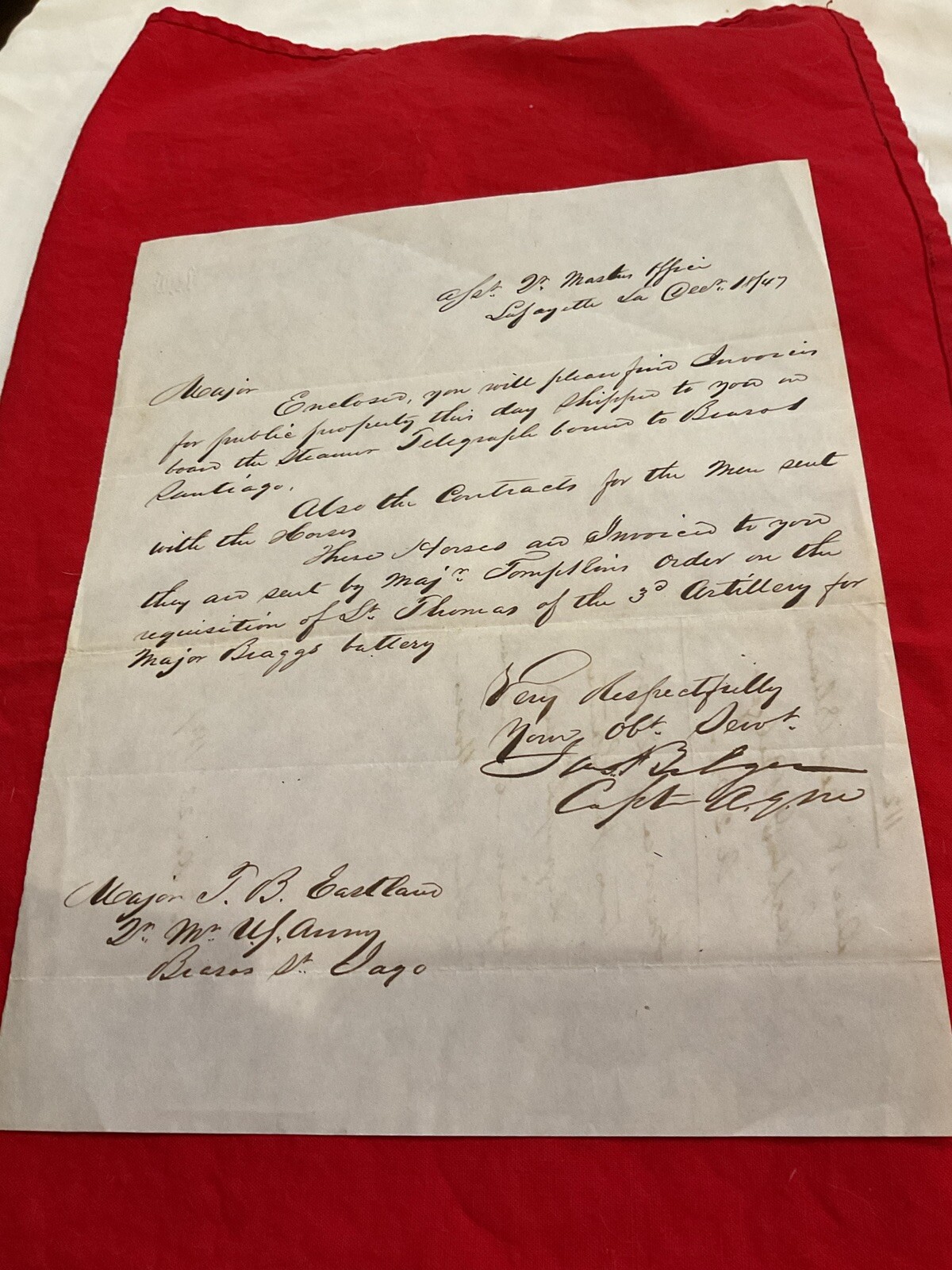 318 1847 Mexican War HERO Letter Horses Braggs Arty 1847 Lafayette La CSA GENERA
