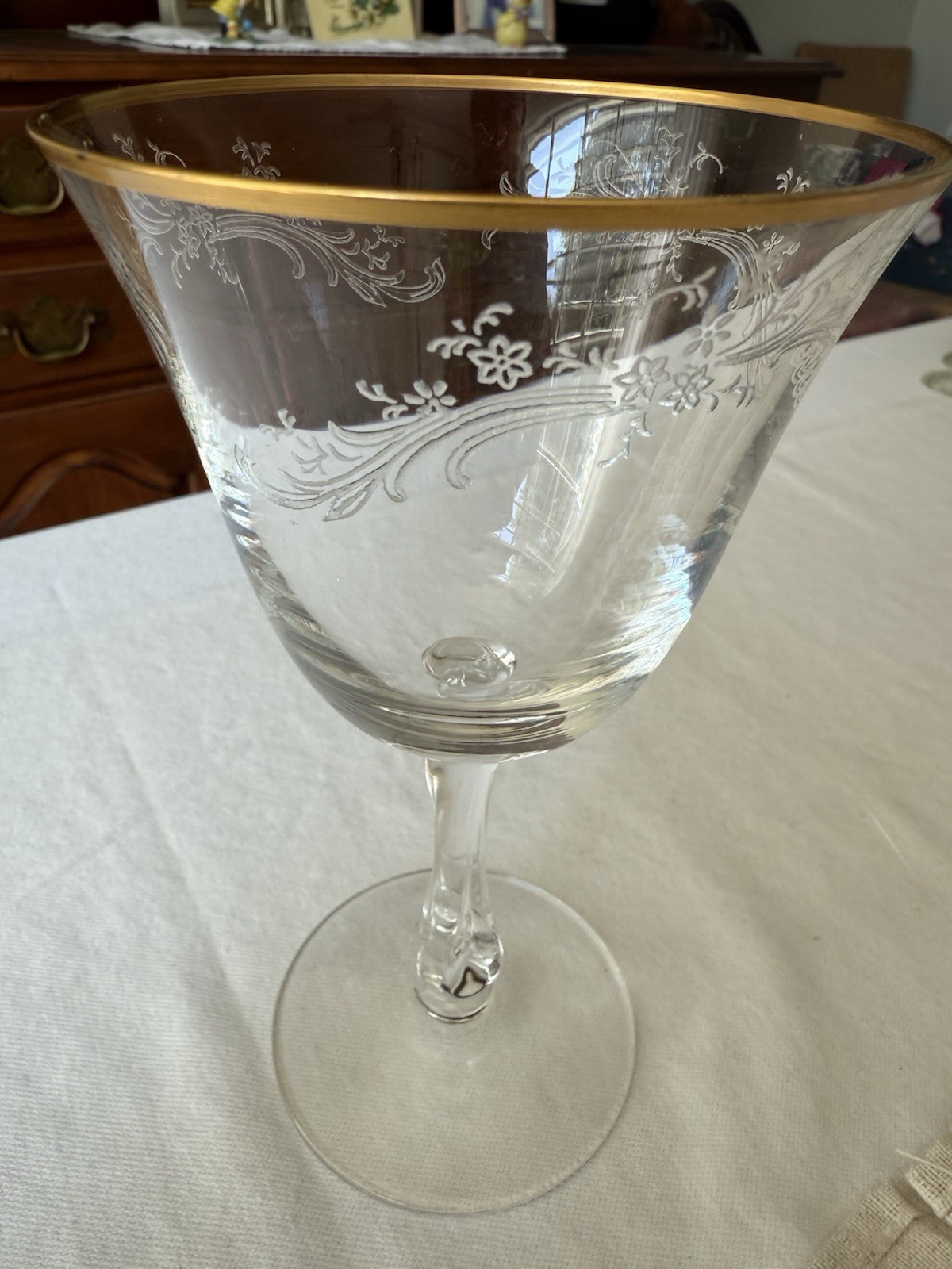 Vintage 1950s Fostoria Golden Lace Crystal Water Goblet Etched Design & Gold Rim