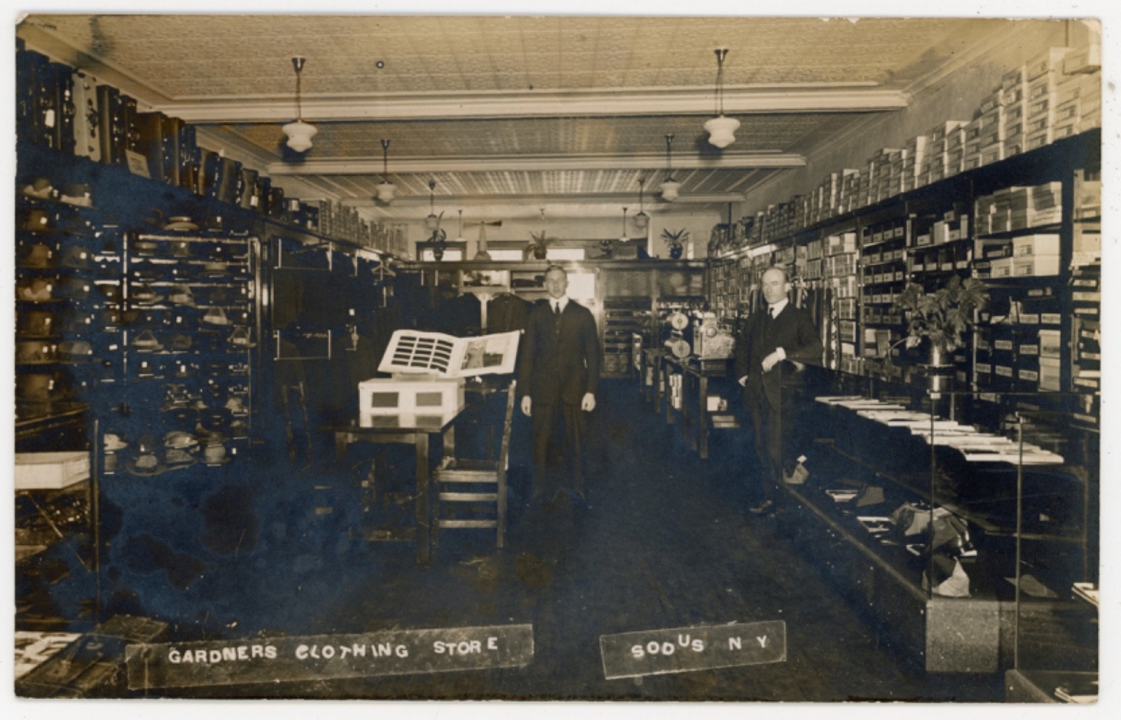 Gardners Clothing Store Interior RPPC Sodus New York Menswear Hats Shoes c1910s