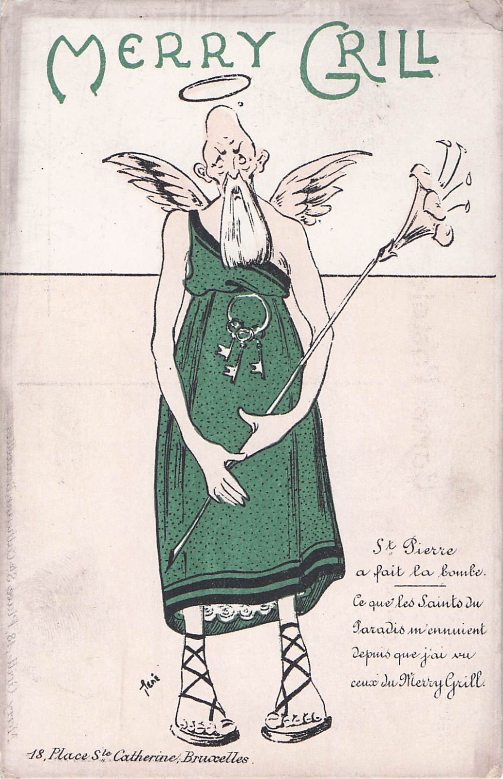 Antique Merry Grill Brussels Belgium Angel funny Postcard St Pierre dress cross