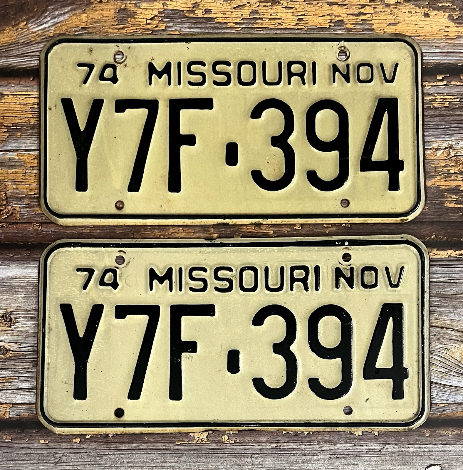 1974 Missouri Automobile License Plate Matched Pair / Set Y7F-394