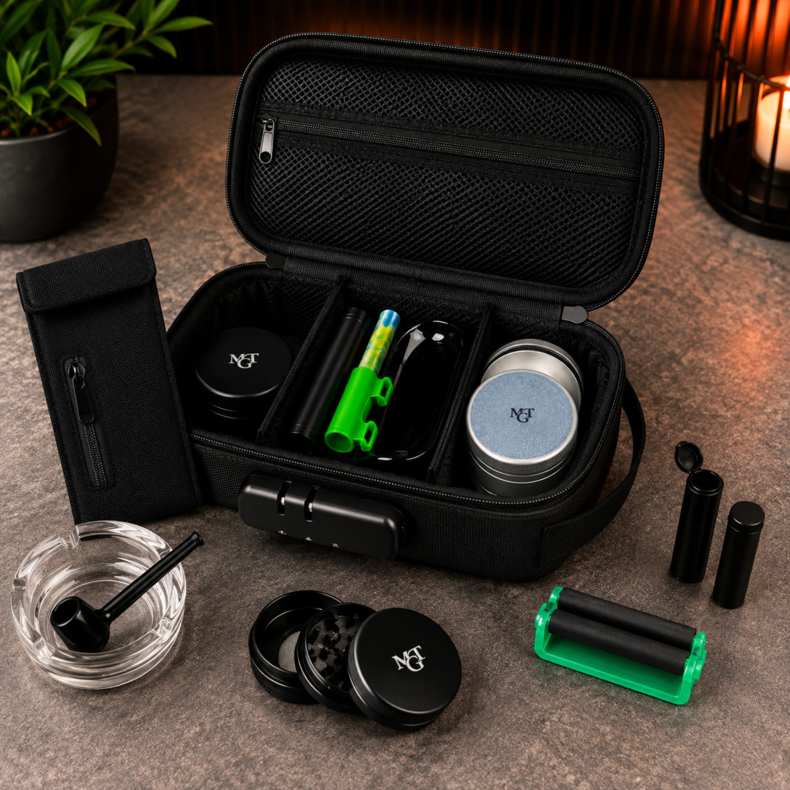 Black Smell Proof Bag with Lock Storage Case Grinder Rolling Tray Accessory Kit
