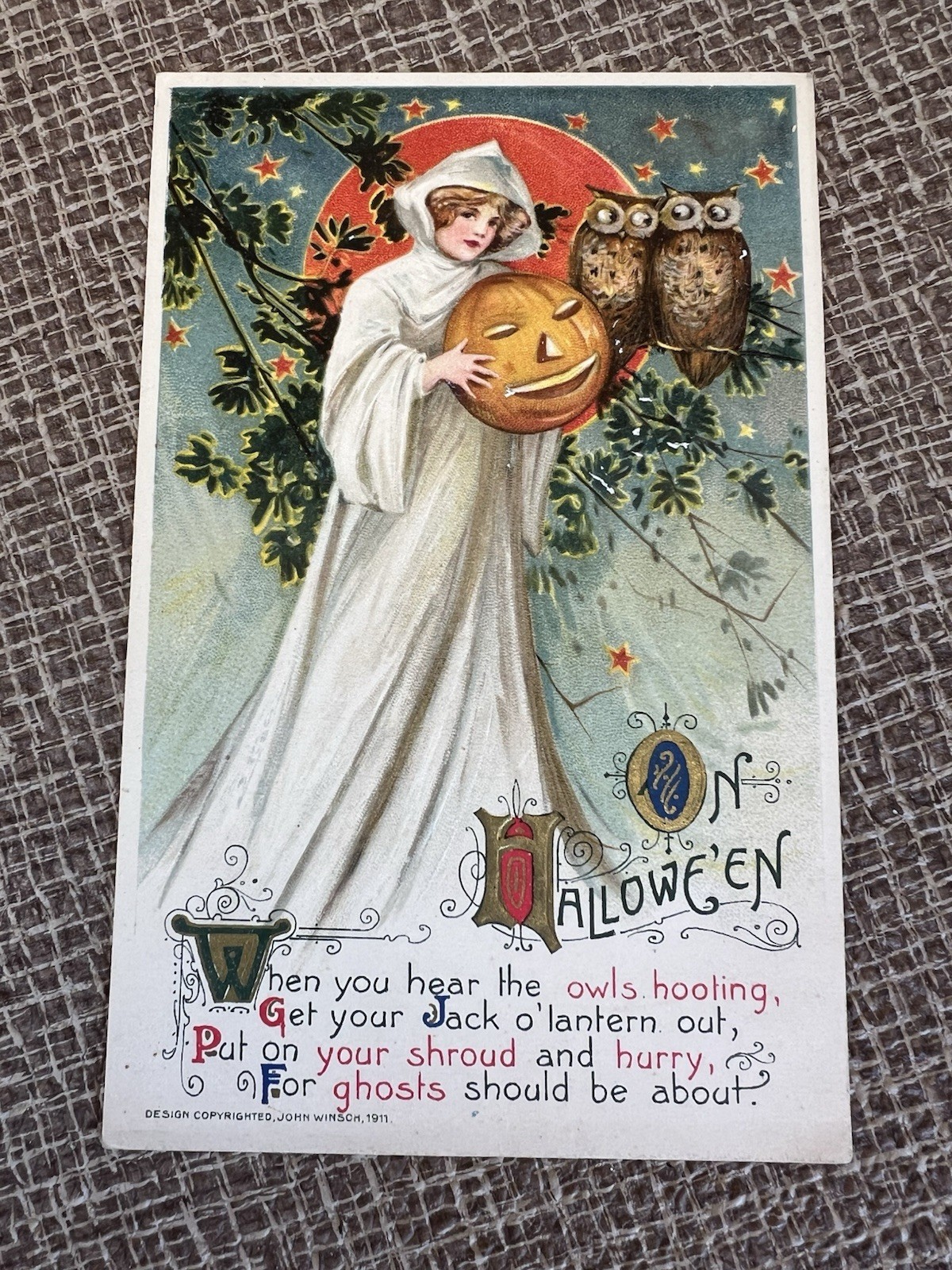 1911 John Winsch Halloween Postcard with Girl, Jack O\'Lantern & Owls Stunning