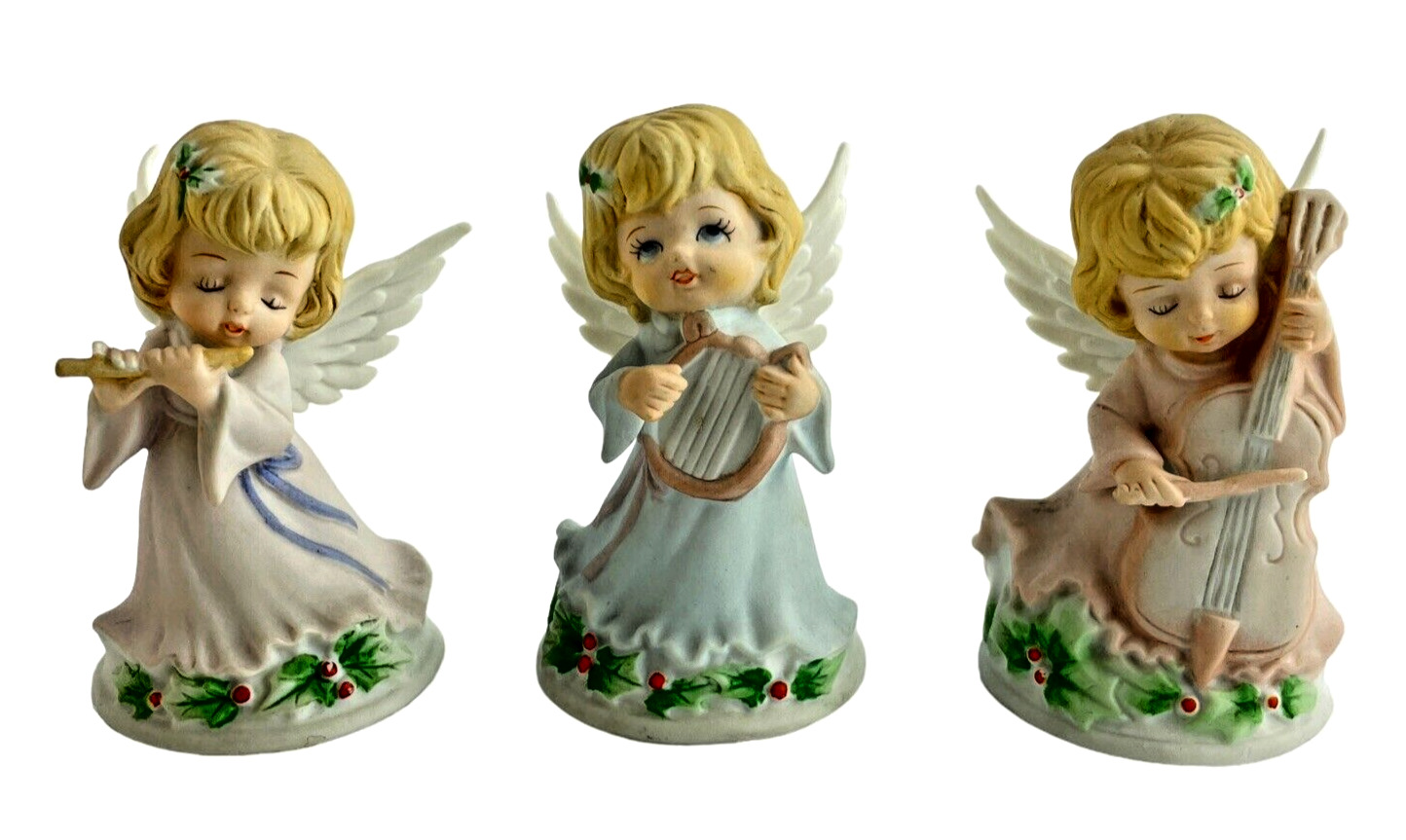 Lefton Musical Angel Figurines Set of 3 Porcelain Hand Painted Holly Berry