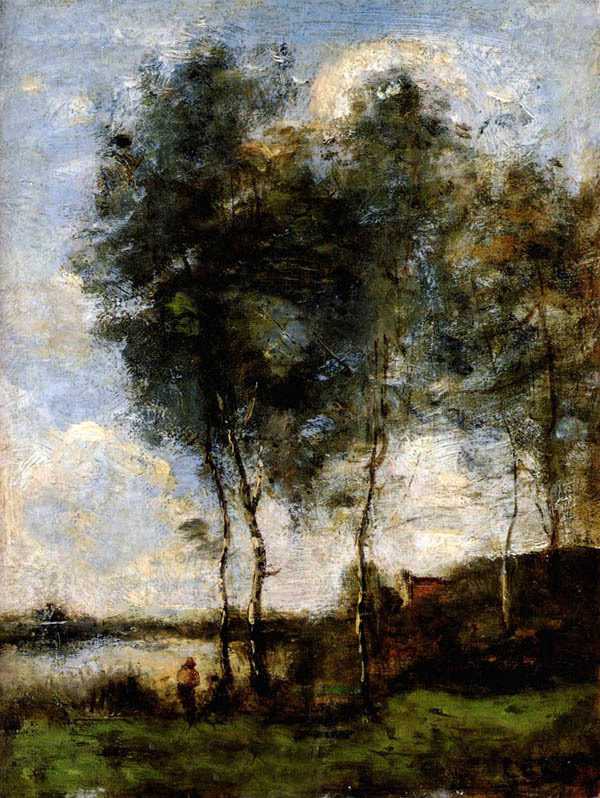 Dream-art art Oil painting Corot - Fishman in sunset summer landscape canvas 36