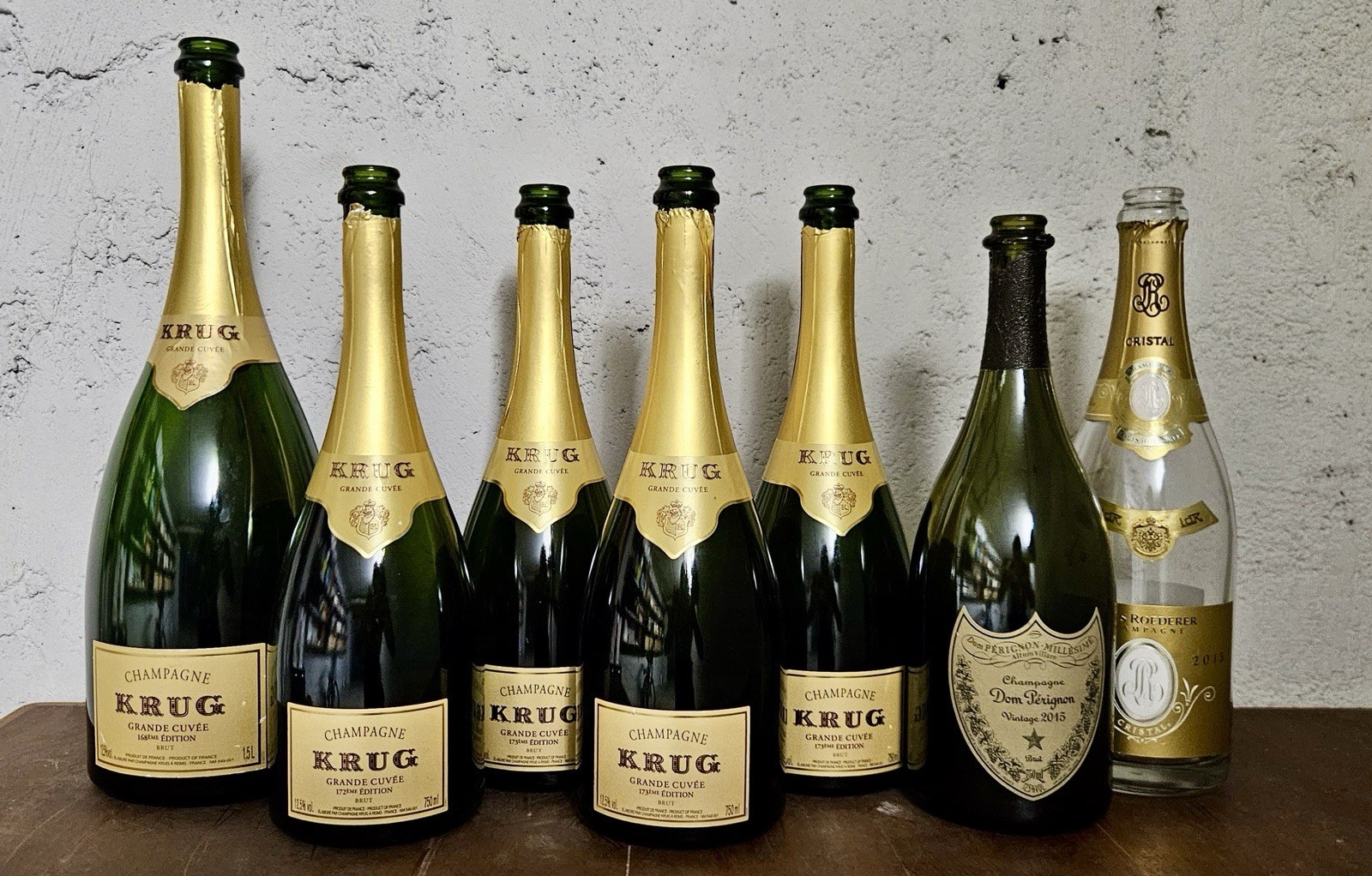 Krug Grande Cuvée, Dom Pérignon and Cristal Empty Collectible Bottles
