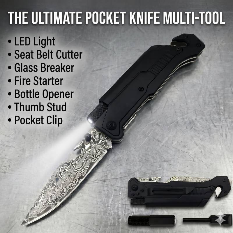 8.5 Outdoor Camping Pocket Knife, 6 in 1 Multi - Function Folding Knife w Light