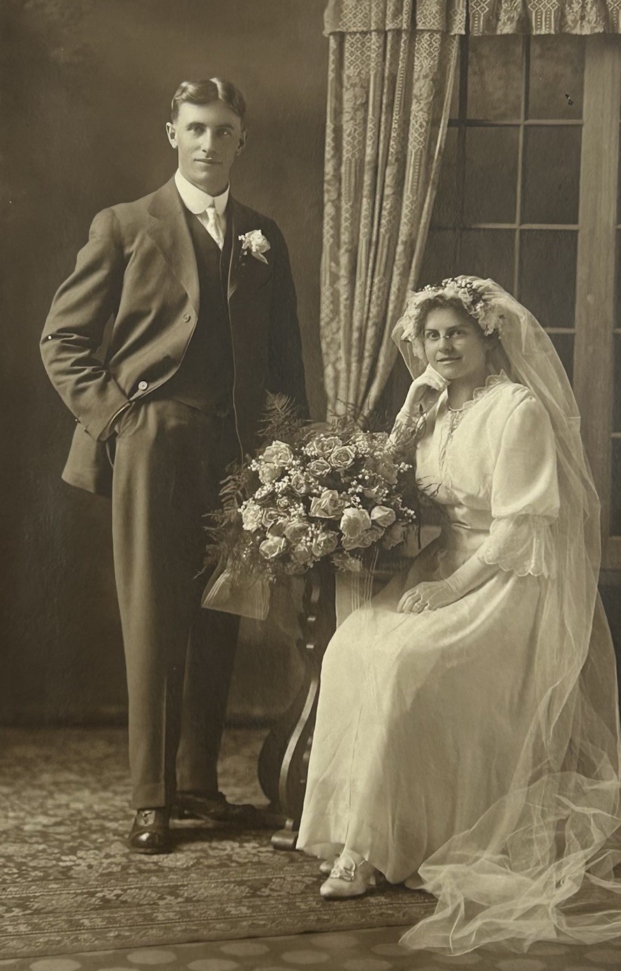 Antique 1920s Wedding Photo Postcard Original Sepia Groom Bride Marriage    E-8