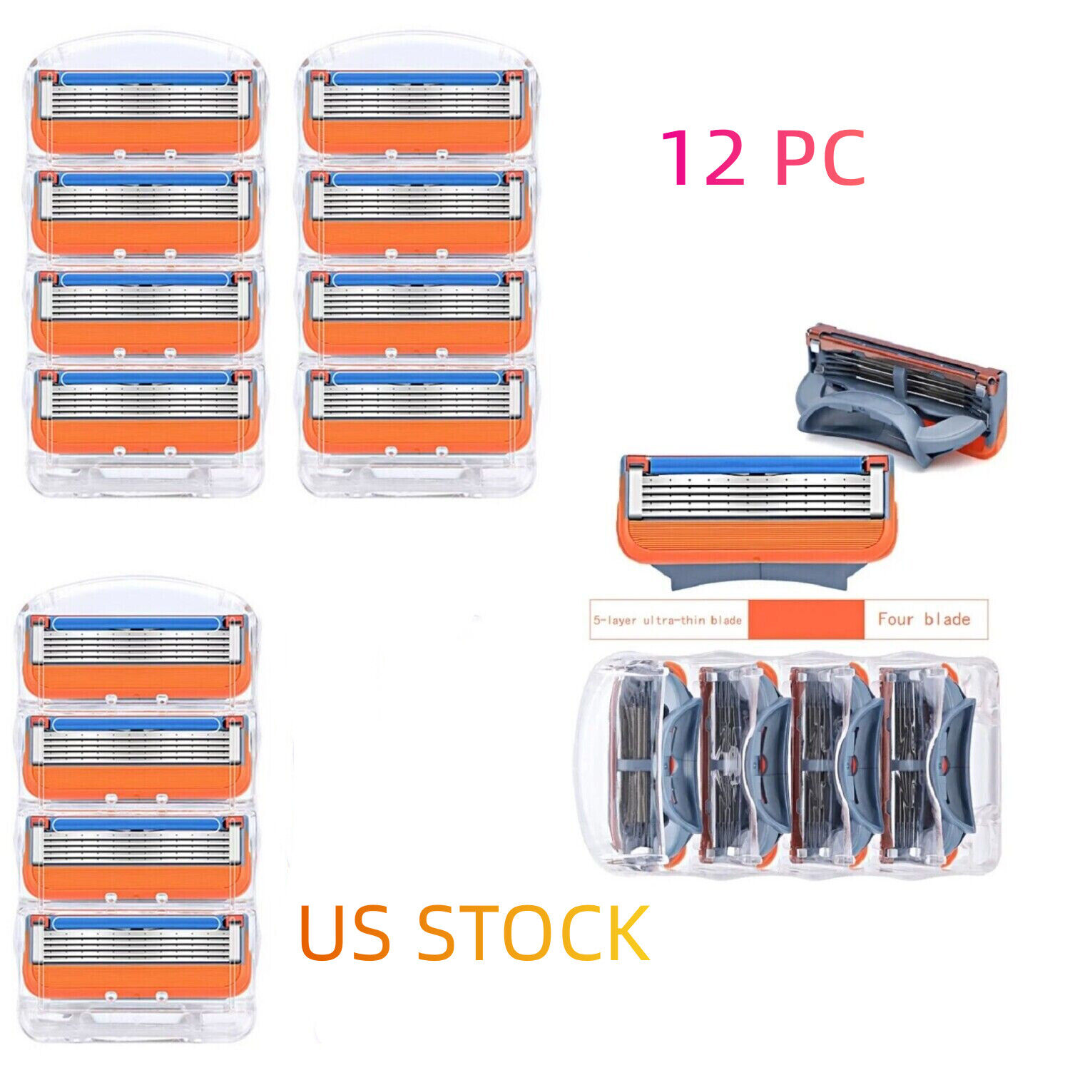12PCS for Gillette Fusion 5-Layer Men's Razor Blade Refills Orange in stock US