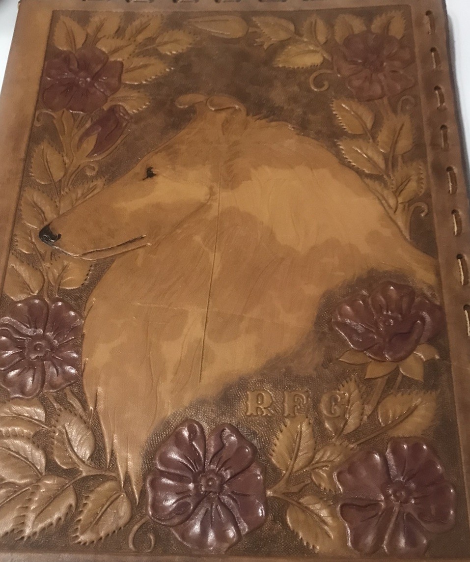 Collie Dog Rare Leather Tooled Case Notebook 70s Dog Judge Estate Suitcase ART