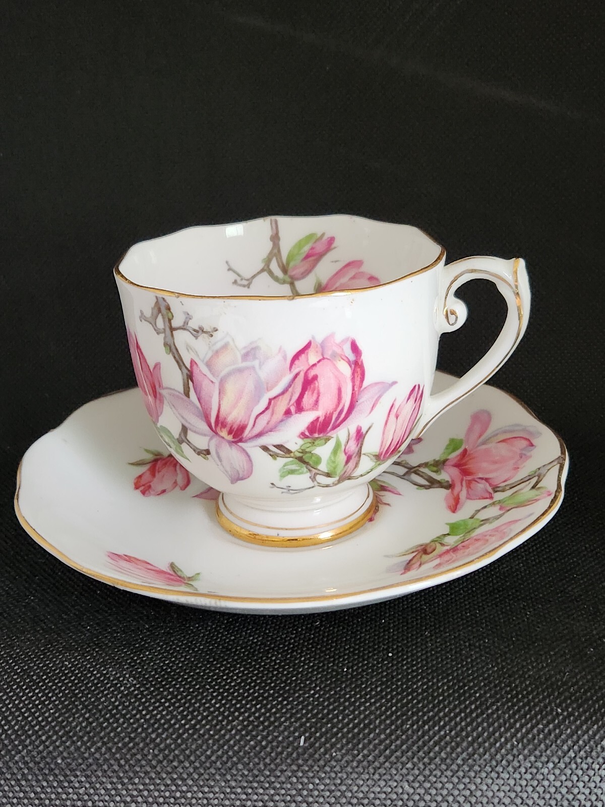 Vintage Roslyn Tea Cup And Saucer Set Magnolia Pattern In Amazing Condition