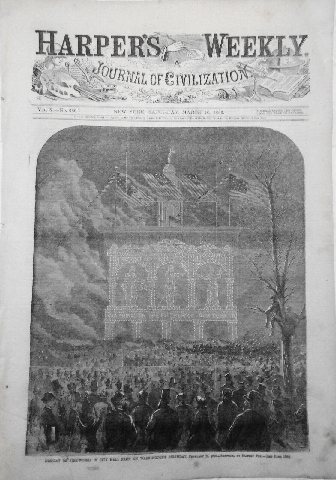 Harper's Weekly March 10, 1866 -  Fireworks for Washington's birthday; Oil fires