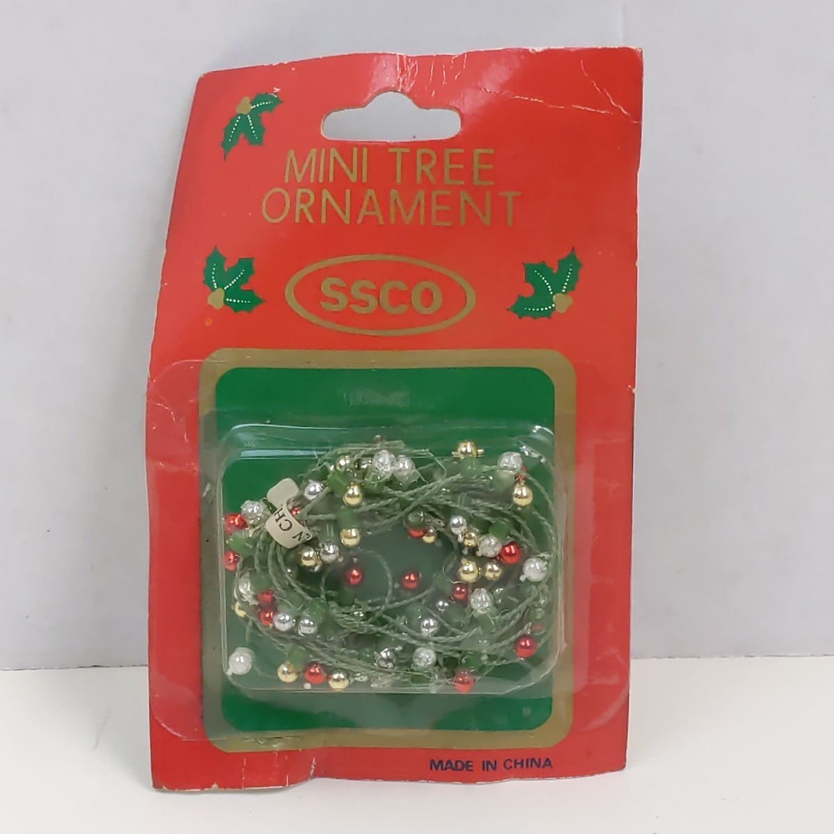 Vintage SSCO Mini Christmas Tree Ornament Bead Garland Red Gold Silver NIP