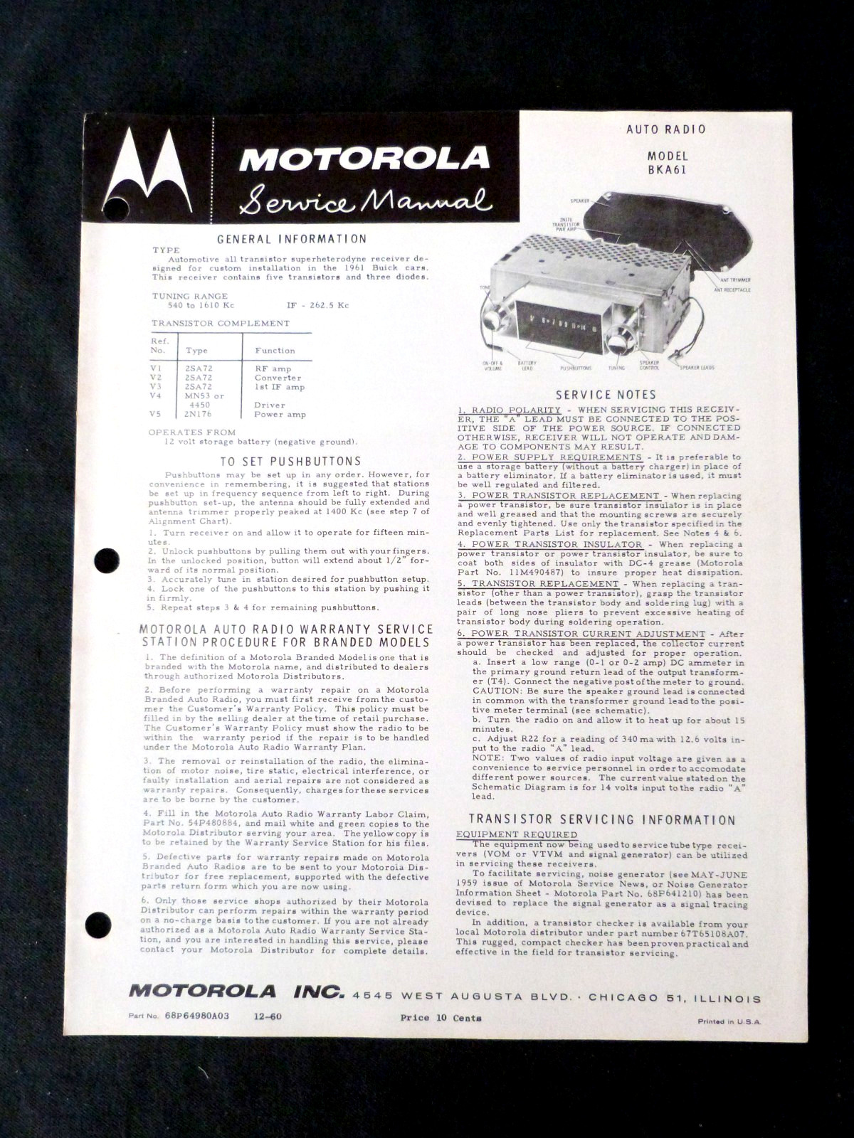 Vintage 1961 Motorola Buick Car Radio Service Manual BKA61