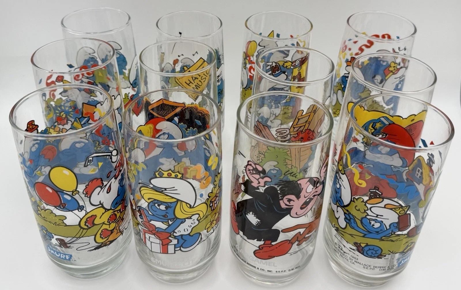 Vintage 1982-1983 SMURF Glasses Set of 12 by Peyo Wallace Berrie & Co Near Mint