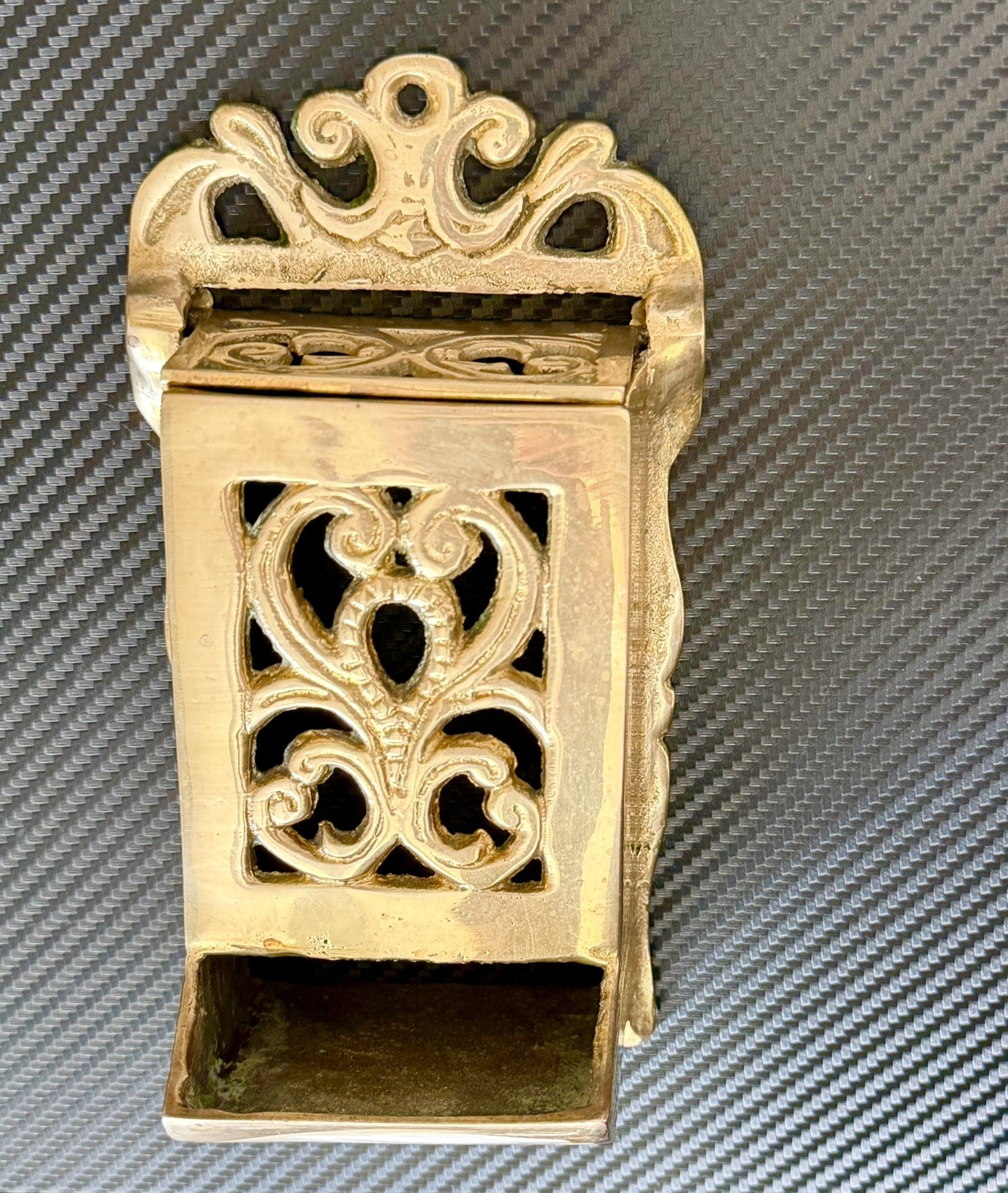 Vintage Solid Brass Match Box Holder Wall Mount Ornate Scrolled 7\