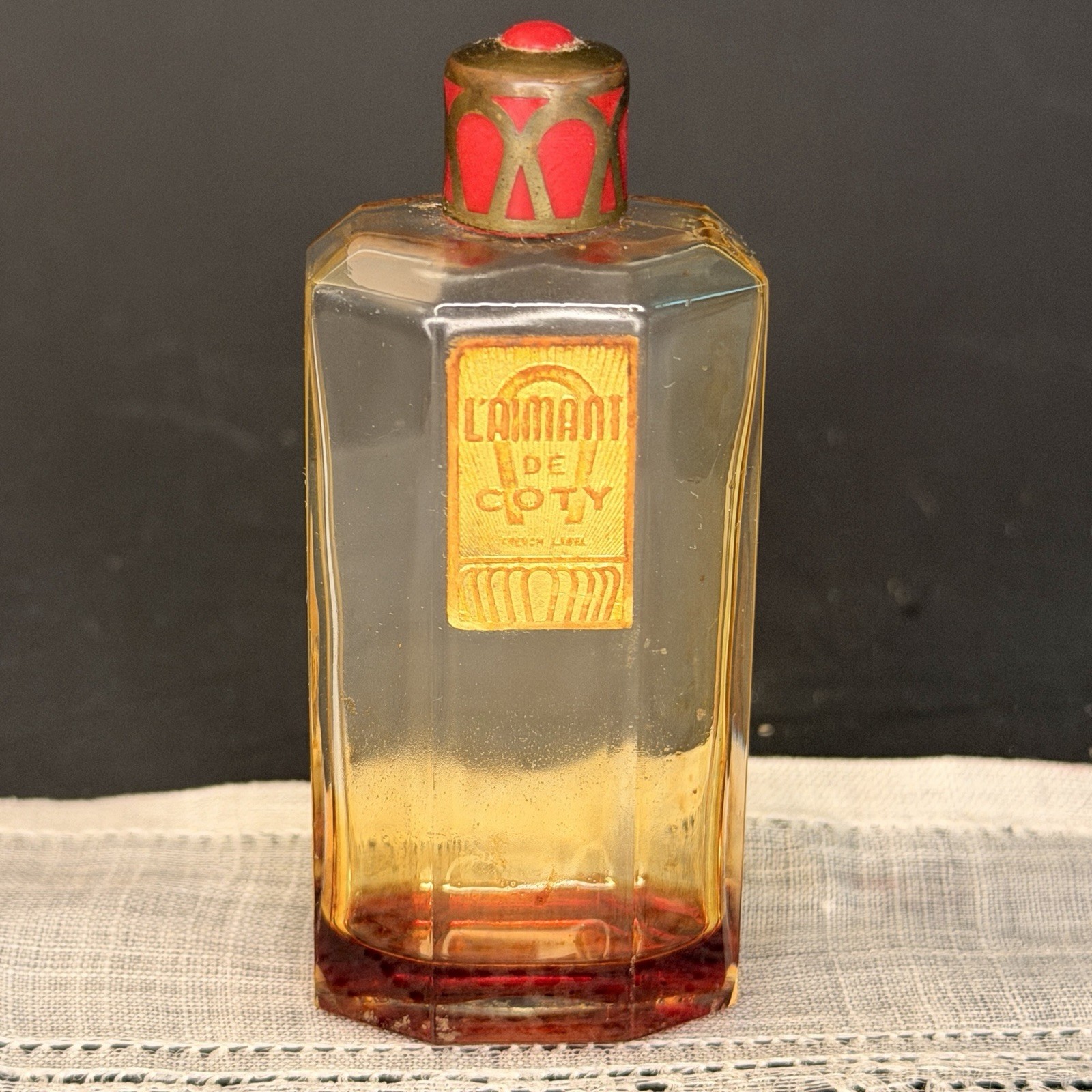 Vintage 20s-30s French L'Aimant de Coty Perfume Bottle, Art Deco Enamel Cap