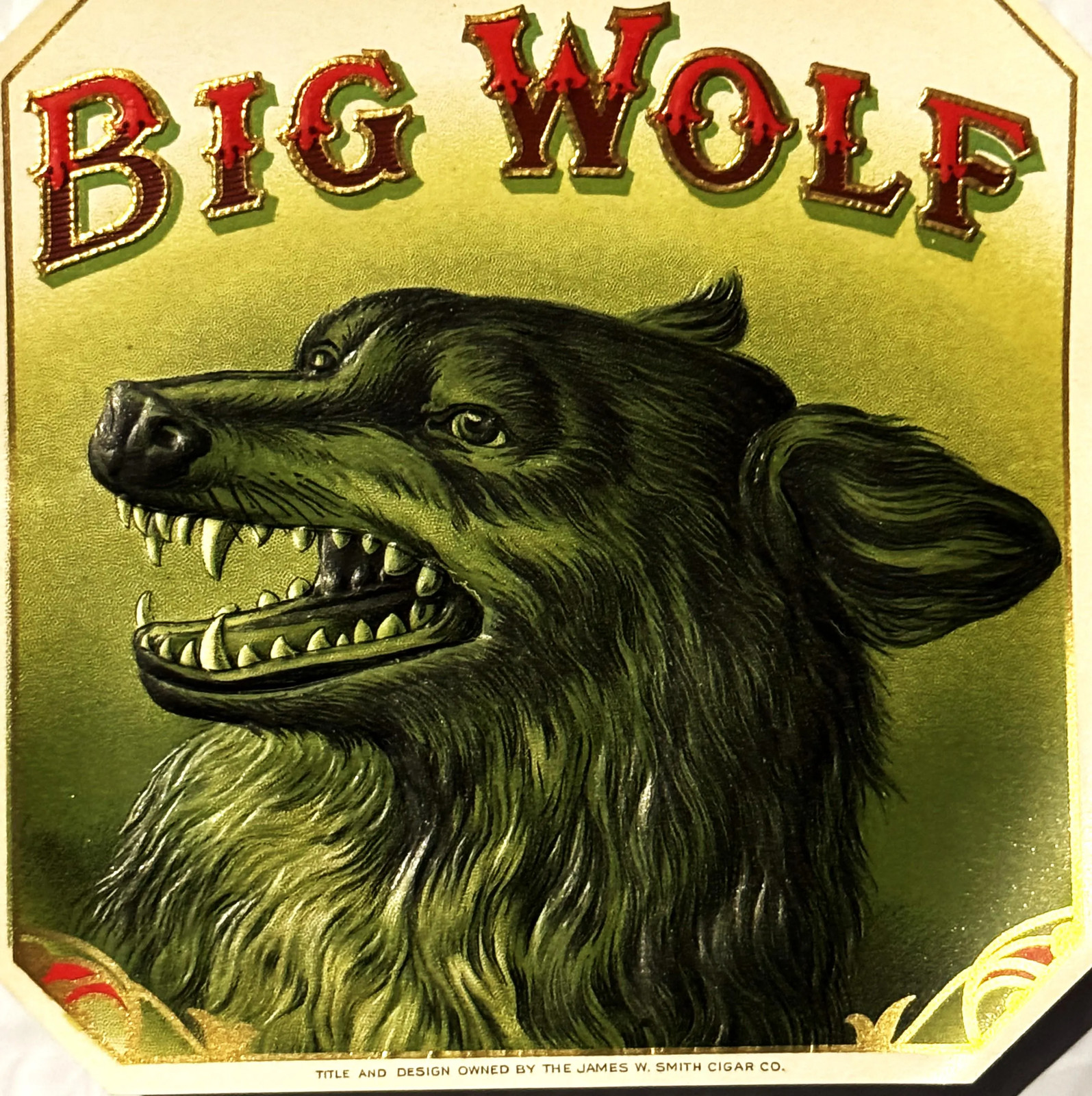 Antique Big Wolf Cigar Label 🐺 Gold Embossed James W. Smith Cigar Co