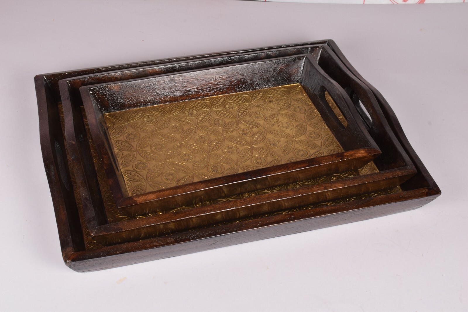 Wooden Premium Handcrafted Brass Fitted Serving Organizer Tray Set of Three 