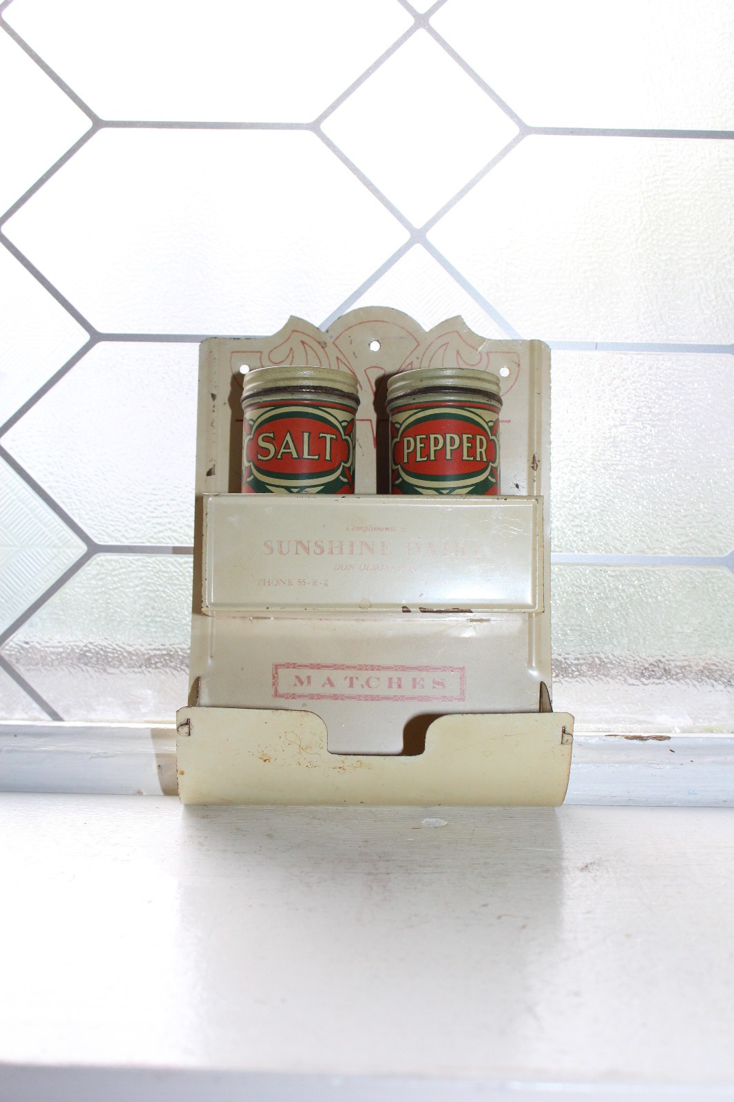 Old Tin Wall Match Holder & Salt Pepper Sunshine Dairy Ogden Iowa Advertising