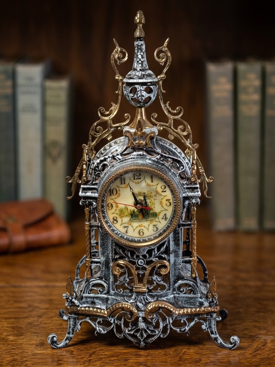Vintage Baroque Rococo Style Mantel Clock Ornate Cast Metal Distressed White