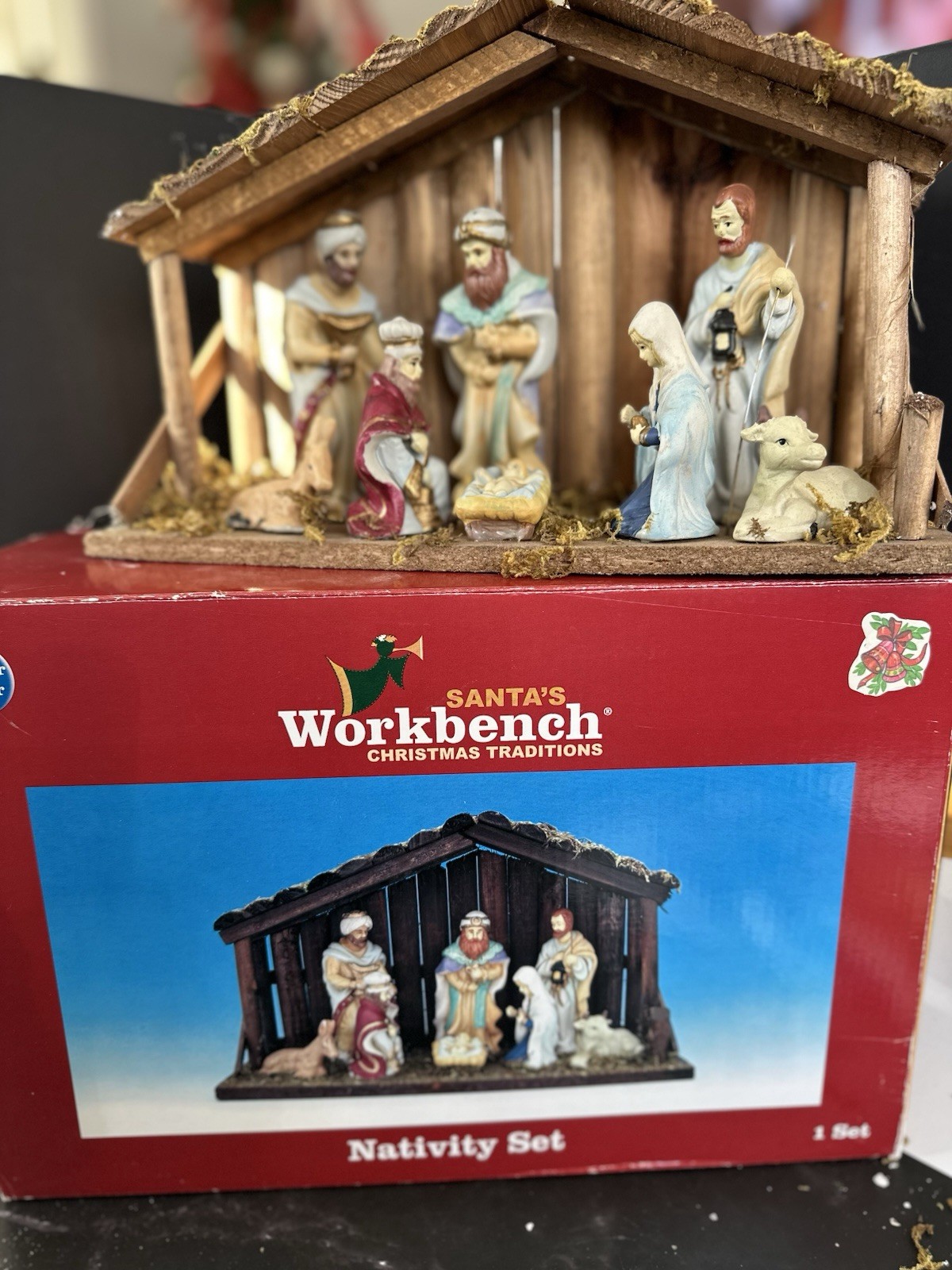 VINTAGE Santa’s Workbench NATIVITY SET Manger Christmas Traditions Wood Ceramic