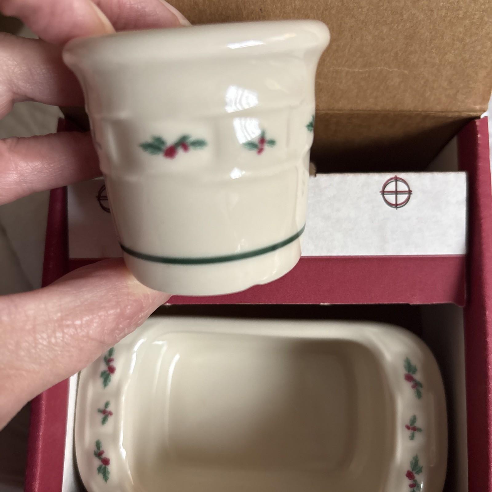 Longaberger Pottery - Traditional Holly Toothpick and Sweetener Holder Set - NIB