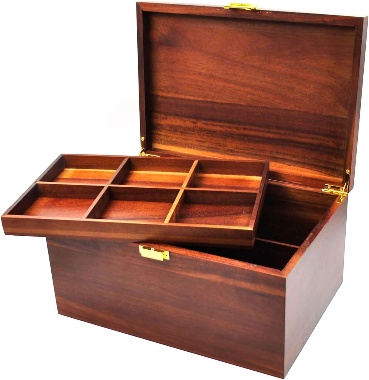 Large Wooden Storage Box with Hinged Lid, Acacia Wood with Adjustable Tray, Wood Large Wooden Storage Box with Hinged Lid, Acacia Wood with Adjustable Tray, Wood