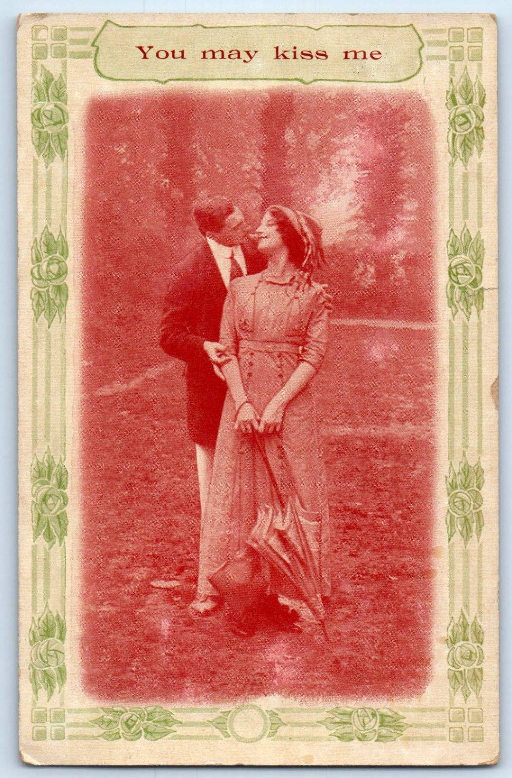 c1910s Romance Sweet Couple You May Kiss Me Bamforth Melrose NY Antique Postcard