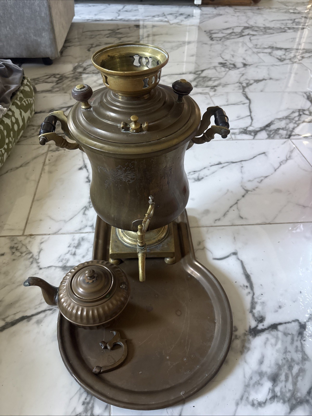Big Heavy Antique Imperial Russian Samovar Tea Urn (Tampak) Serving Tray & Pot